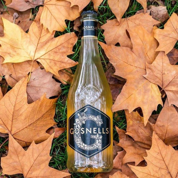 ゴスネル オブ ロンドン スパークリングミード750mlボトルとグラスと落ち葉の背景画像